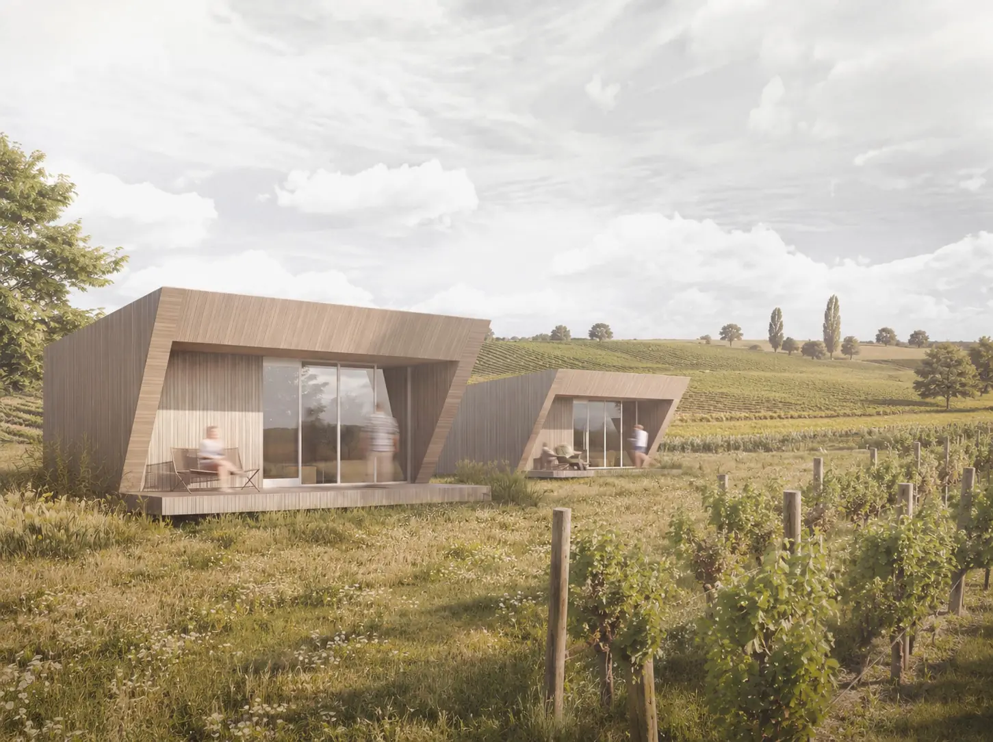 Dvije kućice TM24 u vinogradu: drveni okvir oko ostakljenog pročelja, gosti na natkrivenoj terasi, brežuljci s vinogradima u pozadini. Render idejnog rješenja.