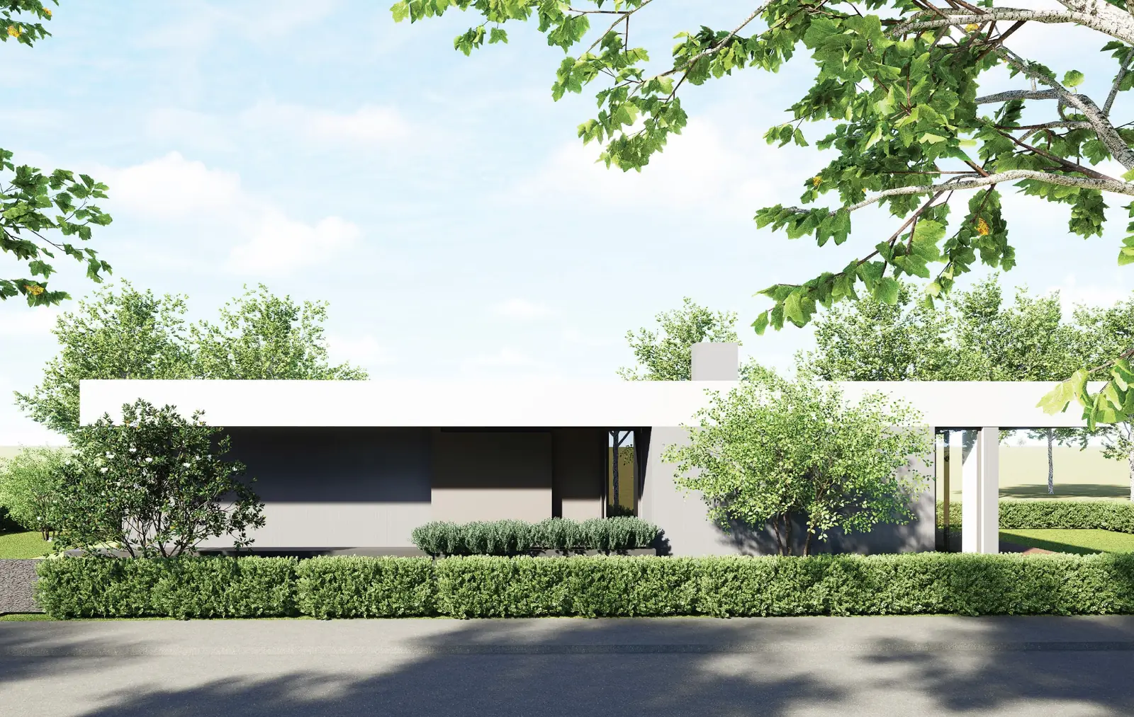 Kuća TM02 u Belom Manastiru s ulice: prizemnica s bijelom atikom, natkrivenim ulazom i dimnjakom, iza živice i drveća. Render idejnog rješenja.